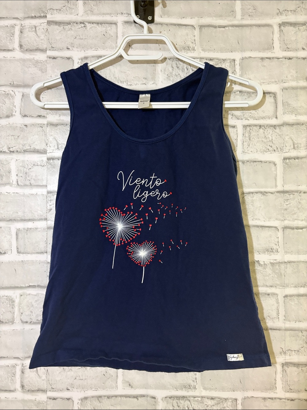 4/$20 Sydney Navy Tank Top with Dandelion heart Graphic - "Viento Ligero", small